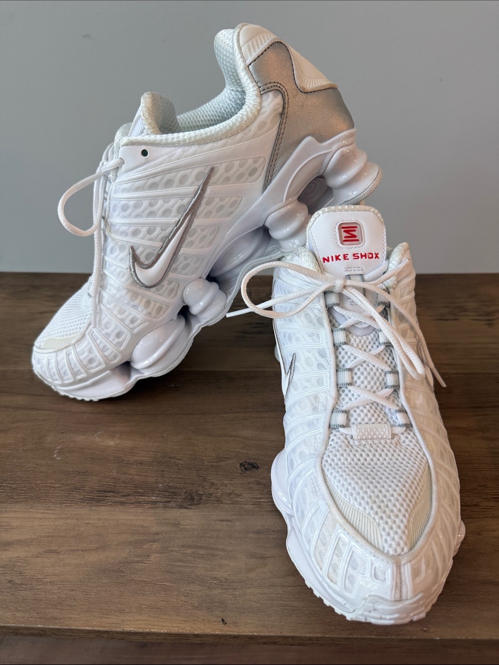 Nike Women's White and Silver Shox Running Sneakers